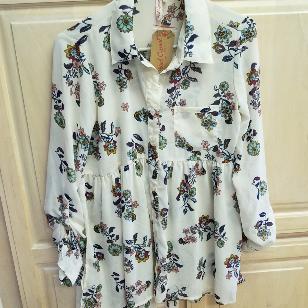 Floral print chiffon button down tunic